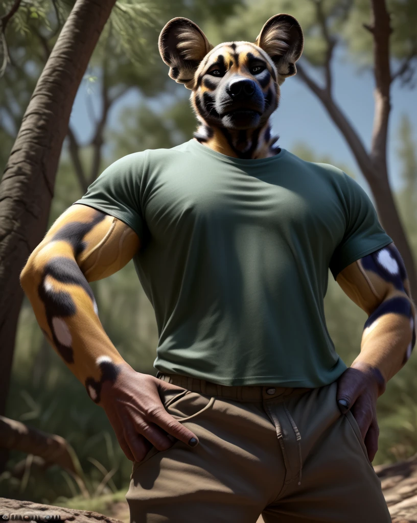 anthro, african wild dog, male, adult, veiny muscles, muscular, pants, t-shirt, hands on hips, smirk, realistic fur, detailed background, wilderness background, hyper realism, RAW photo, (realism, photorealistic:1.3), detailed, hi res,