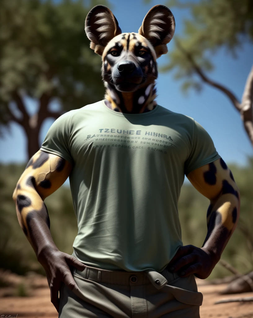 anthro, african wild dog, male, adult, veiny muscles, muscular, pants, t-shirt, hands on hips, smirk, realistic fur, detailed background, wilderness background, hyper realism, RAW photo, (realism, photorealistic:1.3), detailed, hi res,