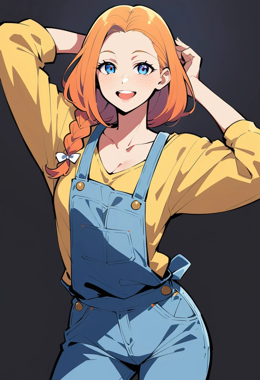 @ANN, pewarnaan character, visual illustration, aged up, 1girl, solo, (overalls), white background, (blue overalls), smile, blue eyes, simple background, looking at viewer, breasts, arms up, long sleeves, yellow shirt, orange hair, cowboy shot, collarbone, collared shirt, cleavage, denim, hair pulled back, upper teeth only, blonde hair, long hair, medium breasts, forehead, standing, arms behind head, braided ponytail, single braid, teeth, oversized clothes, medium hair, short hair, partially unbuttoned, pants, oversized shirt, buttons, head tilt, flat chest, hair ribbon, white bow, tomboy, round teeth, plaid shirt, denim overalls, mature female, tall, tall female, slim body, freckles, highres, 4k, 8k, ann \(harvest moon\), ran \(bokujou monogatari\)