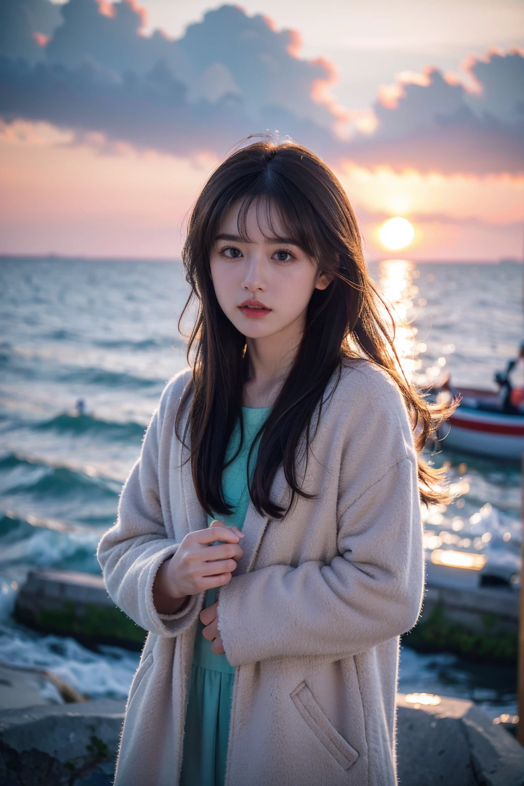 (8K, RAW photo, highest quality, masterpiece:1.3), (realistic, photo-realistic:1.4), (Highly detailed 8K wallpaper), sharp focus, Depth of written boundary,
japanese idol,very cute, baby face,(coat:1.3),(long hair :1.3), Upper body, highly detailed face and eyes,((shiny skin:1.2)), cinematic lighting, soft light, blur background,( A serene morning seascape with the sunrise reflecting off the water, creating a sparkling effect. In the distance, small fishing boats can be seen, while closer to the shore, seashells are scattered across the sand. The sky is painted in soft shades of pink and orange, with a few clouds drifting by :1.2)
