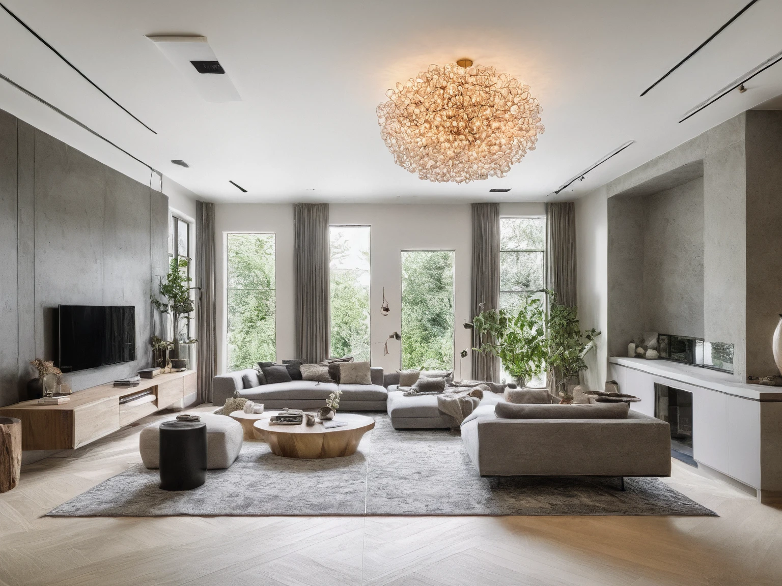 Raw photo, Masterpiece, high quality, best quality, authentic, super detail,
indoors, living room style modern, windows, ceiling lights, chandeliers, minimalist line, vivid color,