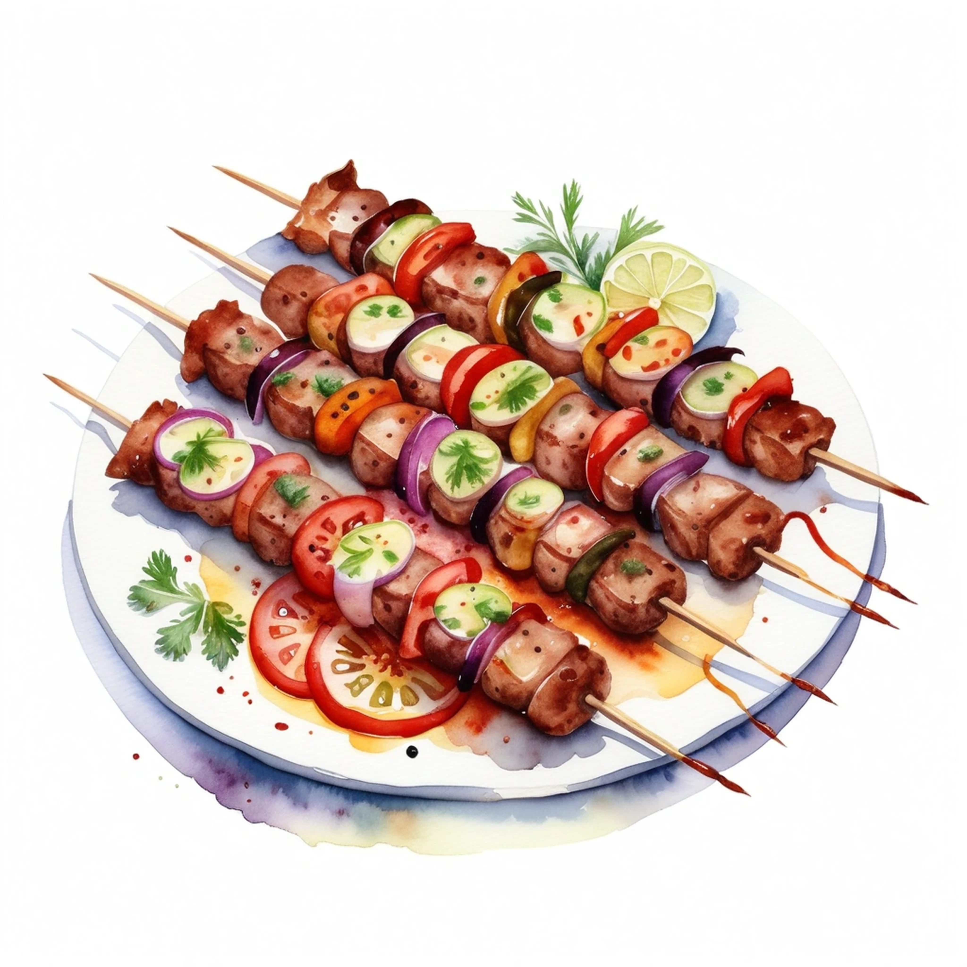 there is a huge extremely delicious turkish kebab, (watercolor), illustration, isolated with solid white background, surrounded with negative space, centered compositon, 8k, highly detailed painting, very precise painting, Isolated, clear brilliant white background
