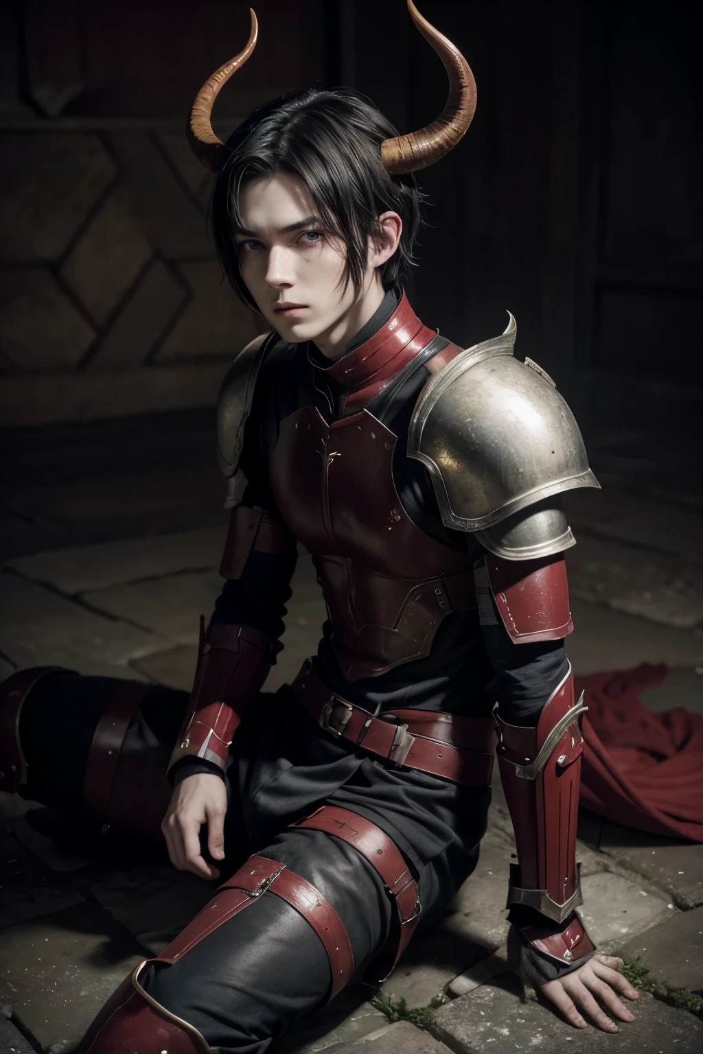 Human man with reddish skin, long tail, two horns in a dark red, yellowish white eyes without pupils, short black hair, of armor, with thin feet