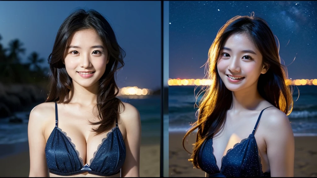 (((Do not split screen)))、A 20-year-old woman with a very cute face like an idol、Smile a little,(Cleavage)、(((Beautiful starry sky on the beach at night)))、((cinematic lighting))、(((The lighting is dim, with only starlight.)))、((Long-distance shot))、RAW Photos、Genuine、live-action、((live-actionと見分けがつかないクオリティ))、(Artistic Expression)、High resolution、masterpiece