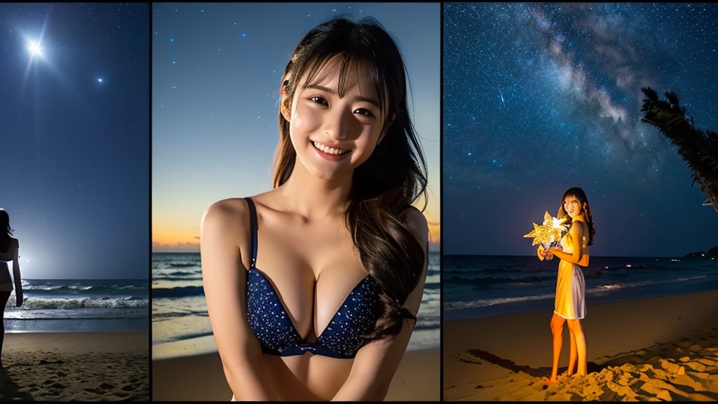 (((Do not split screen)))、A 20-year-old woman with a very cute face like an idol、Smile a little,(Cleavage)、(((Beautiful starry sky on the beach at night)))、((cinematic lighting))、(((The lighting is dim, with only starlight.)))、((Long-distance shot))、RAW Photos、Genuine、live-action、((live-actionと見分けがつかないクオリティ))、(Artistic Expression)、High resolution、masterpiece