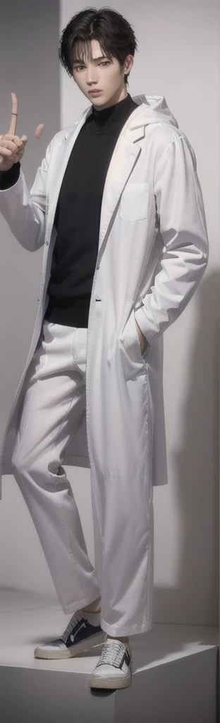 (photorealistic:1.2), (high detail face:1.3), (high detail hands:1.3), (anatomically correct hands:1.2), handsome young asian man, Japanese idol style, short clean-cut hair, ((center part)), white lab coat, black hoodie underneath, calm confident expression, (holding a product in right hand:1.3), (pointing with left index finger:1.3), explaining pose, plain white background, mid-shot portrait, high quality, detailed, 8K, (realistic skin texture:1.2), (sharp focus:1.1)