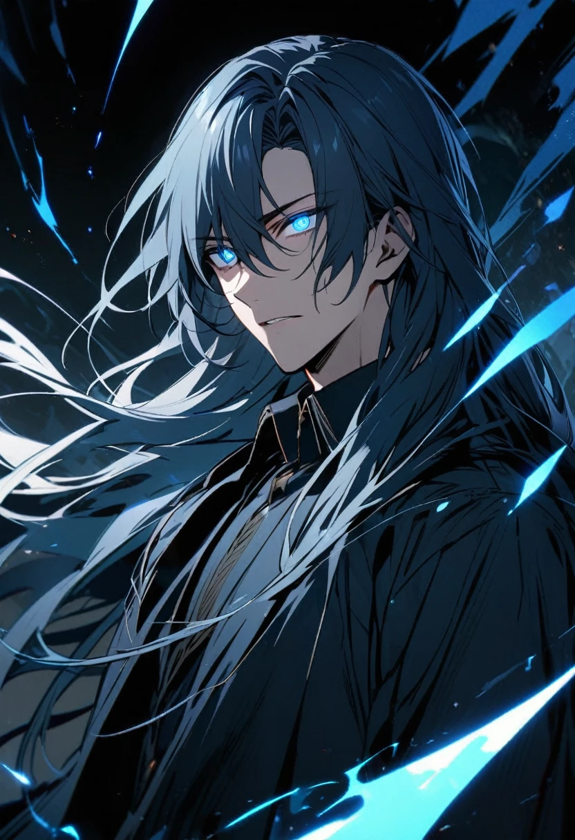 Male, solo, handsome, long hair, navy hair, blue eyes, glowing eyes