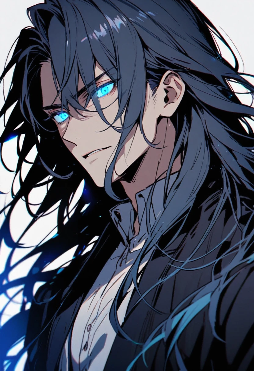 anime character with blue eyes and tattoos in front of the sunset, anime tribal boy with long hair, Badass anime 8 K, tall anime guy with blue eyes, handsome guy in demon slayer art, cute japanese demon boy, with long hair and piercing eyes, beautiful male god of death, with glowing eyes, detailed anime digital art, anime wallpaper, detailed anime character art