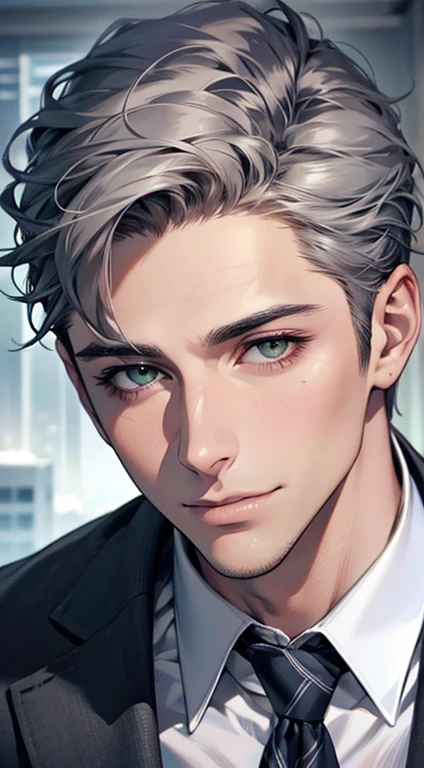 (Highest quality,4K,8K,High resolution,masterpiece:1.2),Super detailed,(Realistic,photoRealistic,photo-Realistic:1.37),1 person,31 years old,Mature Men,Beautiful skin、very handsome,Expressionless smile in love,Short gray silver hair,green eyes,Sharp Eyes,A perfect face without a doubt,Businessman,Office Background,Cinema Lighting,HDR image,tie、