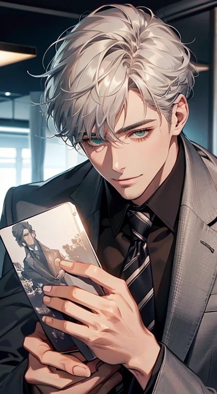(Highest quality,4K,8K,High resolution,masterpiece:1.2),Super detailed,(Realistic,photoRealistic,photo-Realistic:1.37),1 person,31 years old,Mature Men,Beautiful skin、very handsome,Expressionless smile in love,Short gray silver hair,green eyes,Sharp Eyes,A perfect face without a doubt,Businessman,Office Background,Cinema Lighting,HDR image,tie、