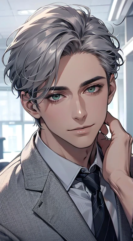 (Highest quality,4K,8K,High resolution,masterpiece:1.2),Super detailed,(Realistic,photoRealistic,photo-Realistic:1.37),1 person,31 years old,Mature Men,Beautiful skin、very handsome,Expressionless smile in love,Short gray silver hair,green eyes,Sharp Eyes,A perfect face without a doubt,Businessman,Office Background,Cinema Lighting,HDR image,tie、