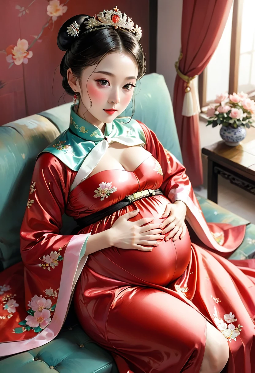 China　Princess　（儀modeで妊娠させられる）　Pregnant women　blush　　Functional　Shiny red long sleeve royal dress　hanbok　　milking　Mother　Breast milk　child　mode　She is having sex in the missionary position on the futon