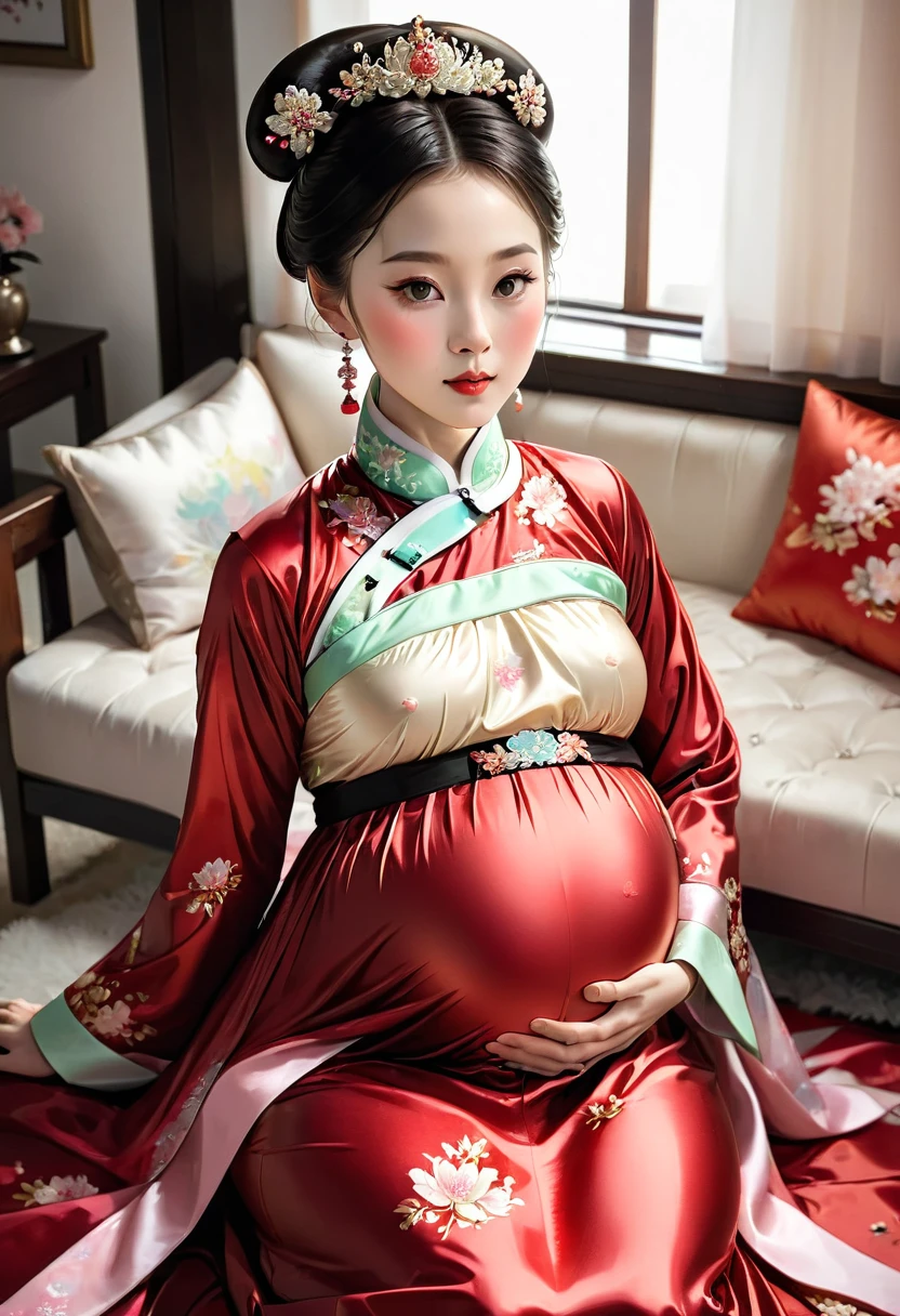 China　Princess　（儀modeで妊娠させられる）　Pregnant women　blush　　Functional　Shiny red long sleeve royal dress　hanbok　　milking　Mother　Breast milk　child　mode　She is having sex in the missionary position on the futon