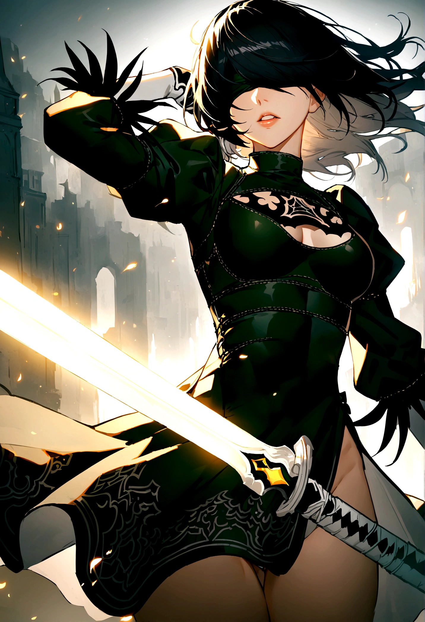 2b \(nier:automata\),medium breasts,hand in hair,parted lips,covered eyes,, zPDXLanime, 1other, solo, armor, black hair, breastplate, faulds, floating hair, glowing, glowing sword, glowing weapon, green armor, hair over eyes, pauldrons, shoulder armor, sword, teeth, weapon, wind, wind lift, yellow eyes, cloak, masterpiece, best quality