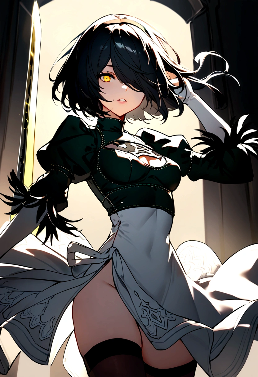 2b \(nier:automata\),medium breasts,hand in hair,parted lips,covered eyes,, zPDXLanime, 1other, solo, armor, black hair, breastplate, faulds, floating hair, glowing, glowing sword, glowing weapon, green armor, hair over eyes, pauldrons, shoulder armor, sword, teeth, weapon, wind, wind lift, yellow eyes, cloak, masterpiece, best quality