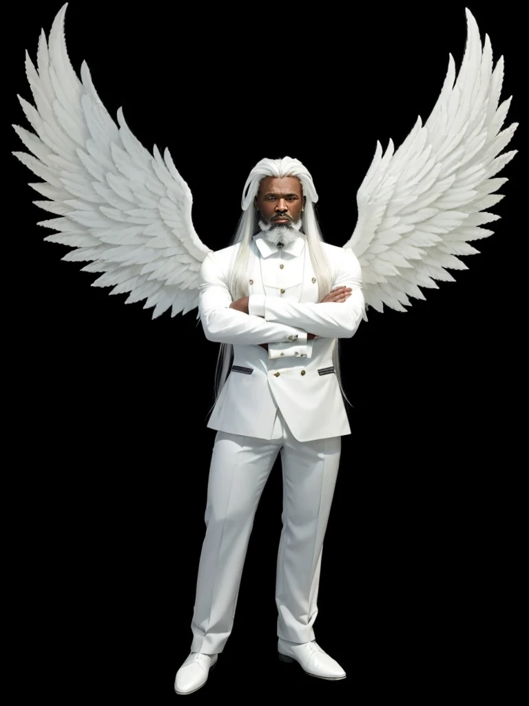 A very strong black gentleman, de corpo inteiro, with a set of angelic white clothes, with long white hair, with white beard and with white wings.