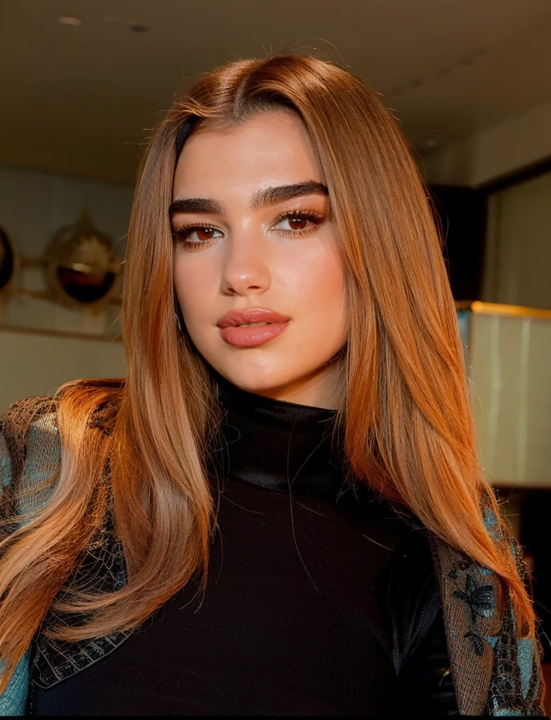 Dua Lipa long hair and light blue blouse