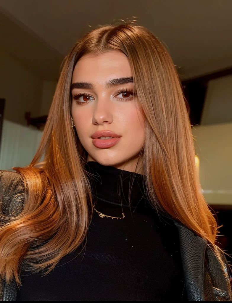Dua Lipa long hair and light blue blouse
