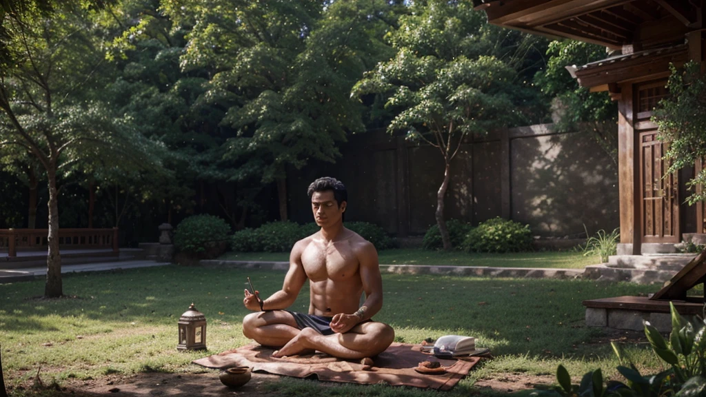 a man meditation under a tree , painting, tithi luadthong, buddhist, buddhism, beautiful depiction, by Artur Tarnowski, by John La Gatta, by Alexander Kucharsky, rob rey and kentarõ miura, by Sasha Putrya, buddhist art, yuri shwedoff and tom bagshaw, masterpiece, high resolution, high quality, high details, high face details, high face quality