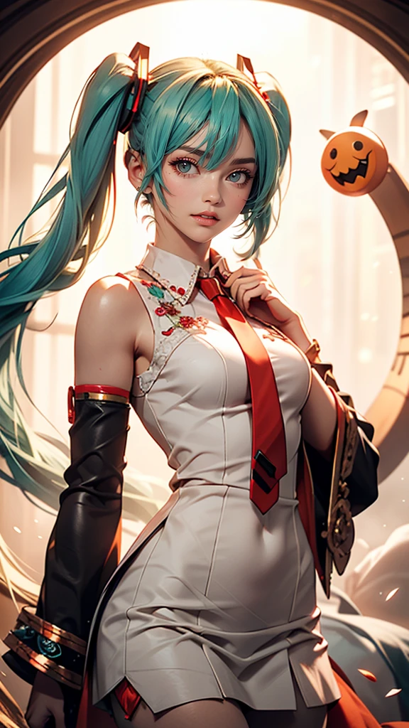 masterpiece, Hatsune Miku, White shirt, red tie, Exposing shoulders, The sleeves are separated, Evil Smiley Face, Dark Skin, Red eyes, Iris, Pupil orange,White woman、Sexy figure