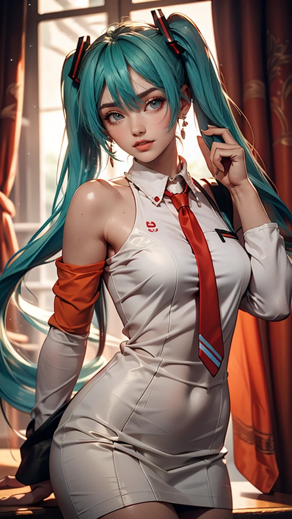 masterpiece, Hatsune Miku, White shirt, red tie, Exposing shoulders, The sleeves are separated, Evil Smiley Face, Dark Skin, Red eyes, Iris, Pupil orange,White woman、Sexy figure