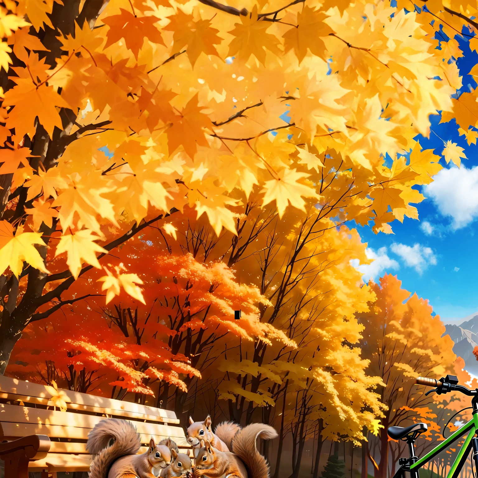 (Highest quality, High resolution), Landscape of autumn leaves.Vibrant colors,Low - Angle,
(Deep autumn sky:1.3),Soft and natural lighting.Autumn leaves background, delicate maple leaves,Vibrant colorsの葉, The golden leaves gently fall, wood々Warm sunlight shining in from between, Peaceful and calm atmosphere, Soft rays of light illuminating the scene, The sound of rustling leaves, Fresh, cool air, A carpet of fallen leaves on the ground, Quiet and picturesque setting, Natural beauty in full bloom,