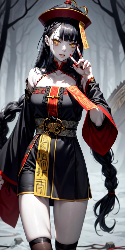 lora:flat:-1.2, masterpiece, best quality, 4k, 8k, 1 woman, solo, tall stature, long hair, blunt bangs, side braid, black hair, ugly face, bad face, bad eyes, droopy eyes, unclear eyes, ruby red eyes, lemon yellow eyes, pale skin, black eyeliner, black eye shadow, heterochromia, slender frame, sad, ofuda, jiangshi costume:1.2, fang, horror, coffin, forest, dark night, stormy weather, fog, from front, cowboy shot, look at viewer, paw pose,