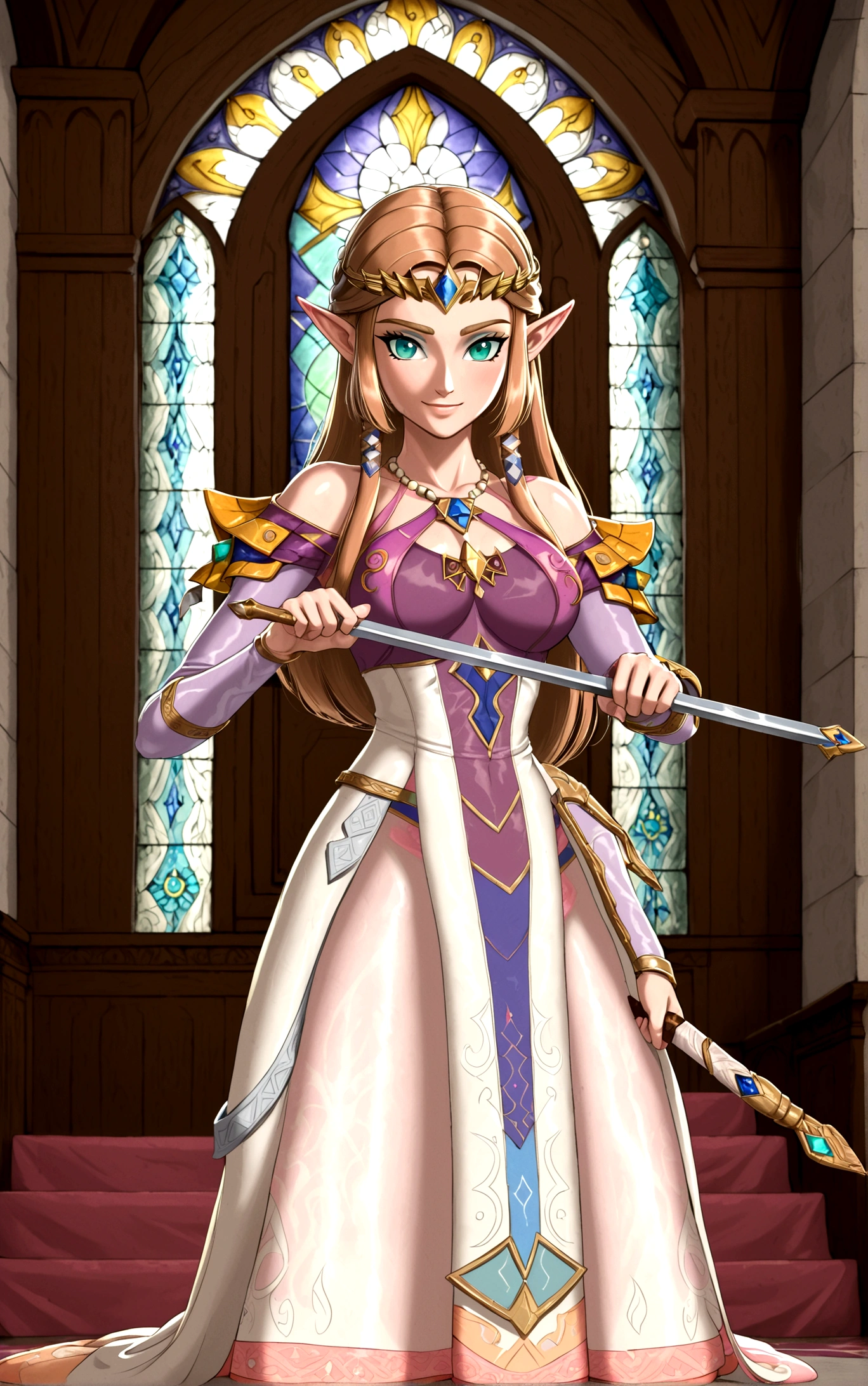 Cate Blanchett (age 25, elf ears, Twilight princess Zelda costume), heroic pose, lavish room with stained glass