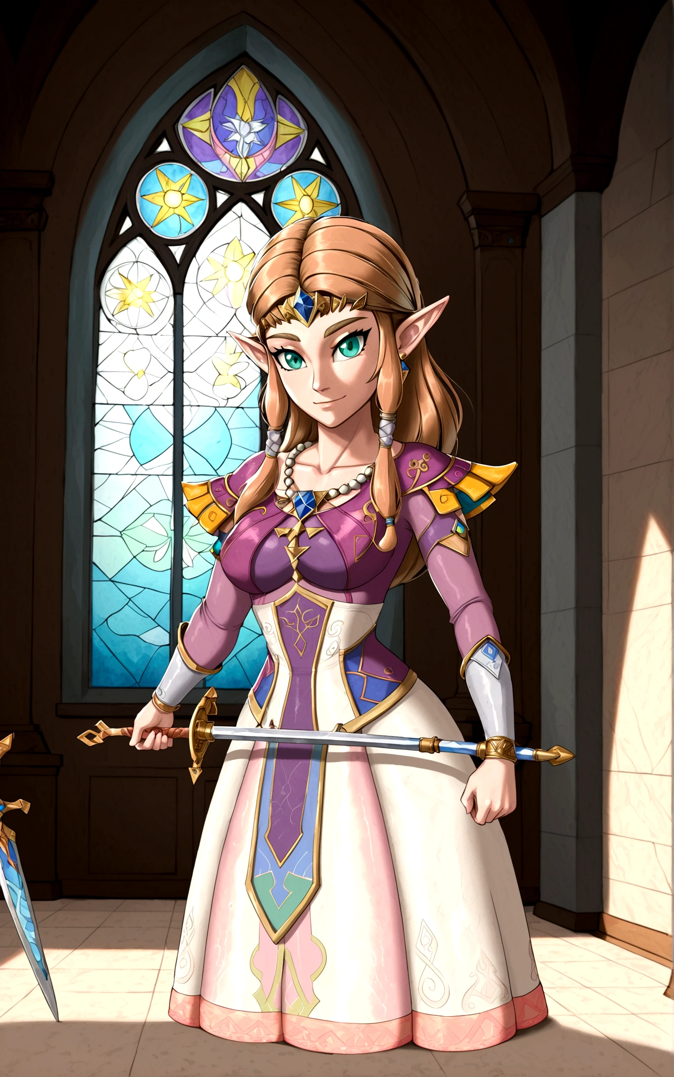 Cate Blanchett (age 25, elf ears, Twilight princess Zelda costume), heroic pose, lavish room with stained glass