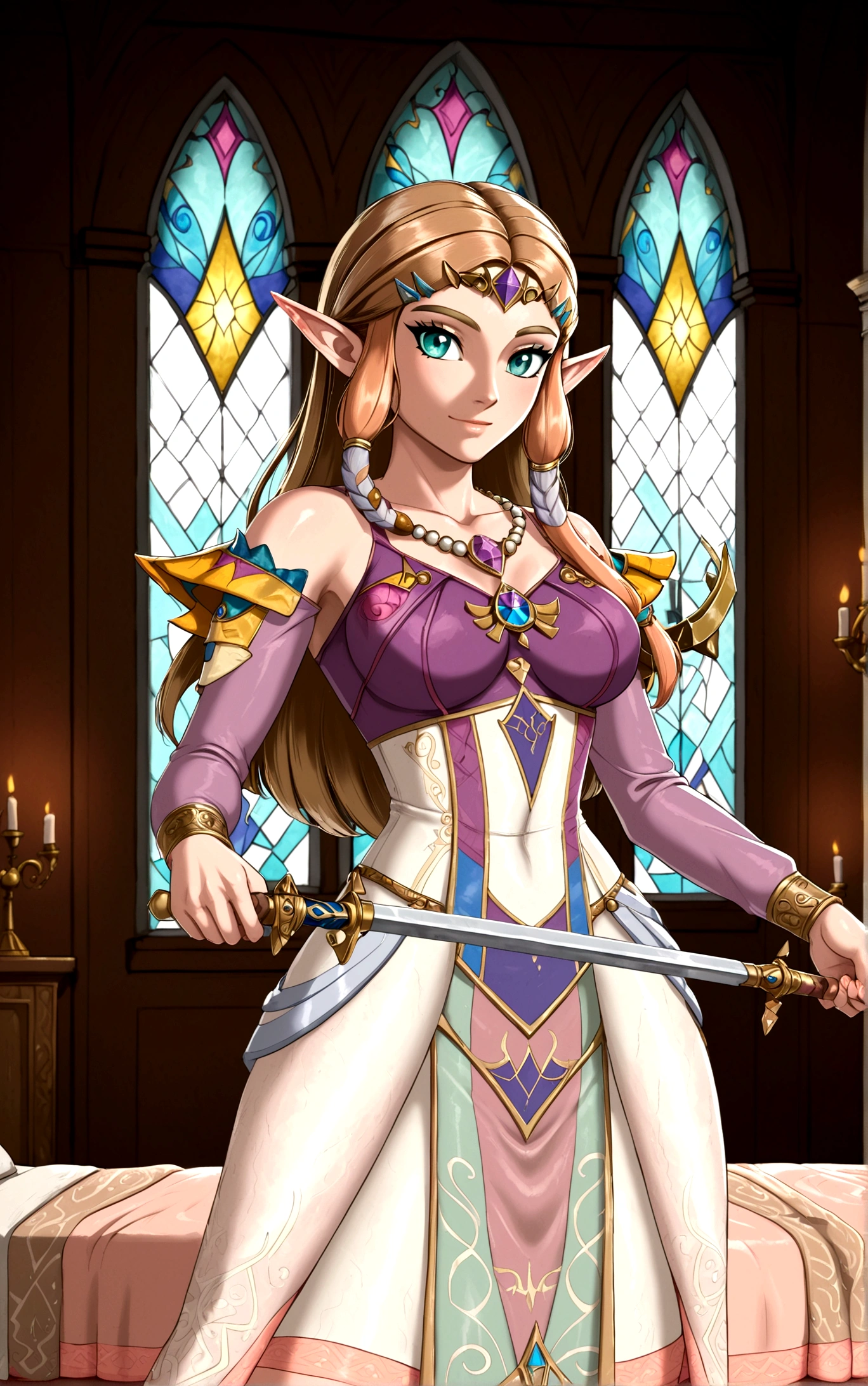Cate Blanchett (age 25, elf ears, Twilight princess Zelda costume), heroic pose, lavish room with stained glass