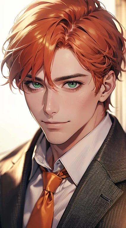 (Highest quality,4K,8K,High resolution,masterpiece:1.2),Super detailed,(Realistic,photoRealistic,photo-Realistic:1.37),1 person,31 years old,Mature Men,Beautiful skin、very handsome,Expressionless smile in love,Short  orange hair,green eyes,Sharp Eyes,A perfect face without a doubt,Businessman,Office Background,Cinema Lighting,HDR image,tie、