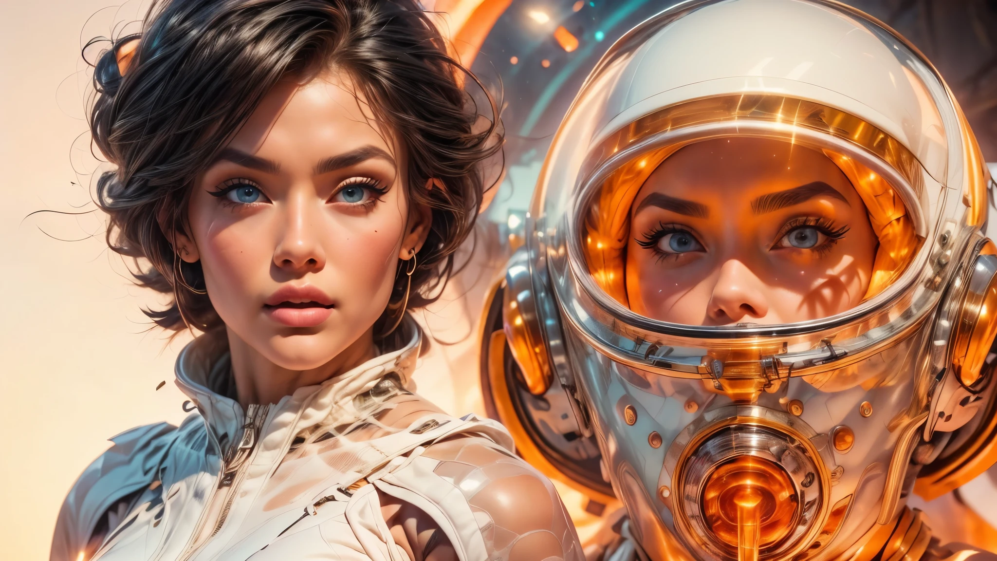 arafed image of a white woman in a futuristic suit with a spaceship in the background, movie art, in front of an orange background, inspired by Robert McGinnis, female protagonist, megastructure in the background, portrait of an ai astronaut, astronauts, an astronaut, portrait of a astronaut skeletor, perfect android girl, Highly Detailed Face and Skin Texture, Detailed Eyes, Double eyelids, perfectly detailed teeth, frank franzzeta and sakimichan  