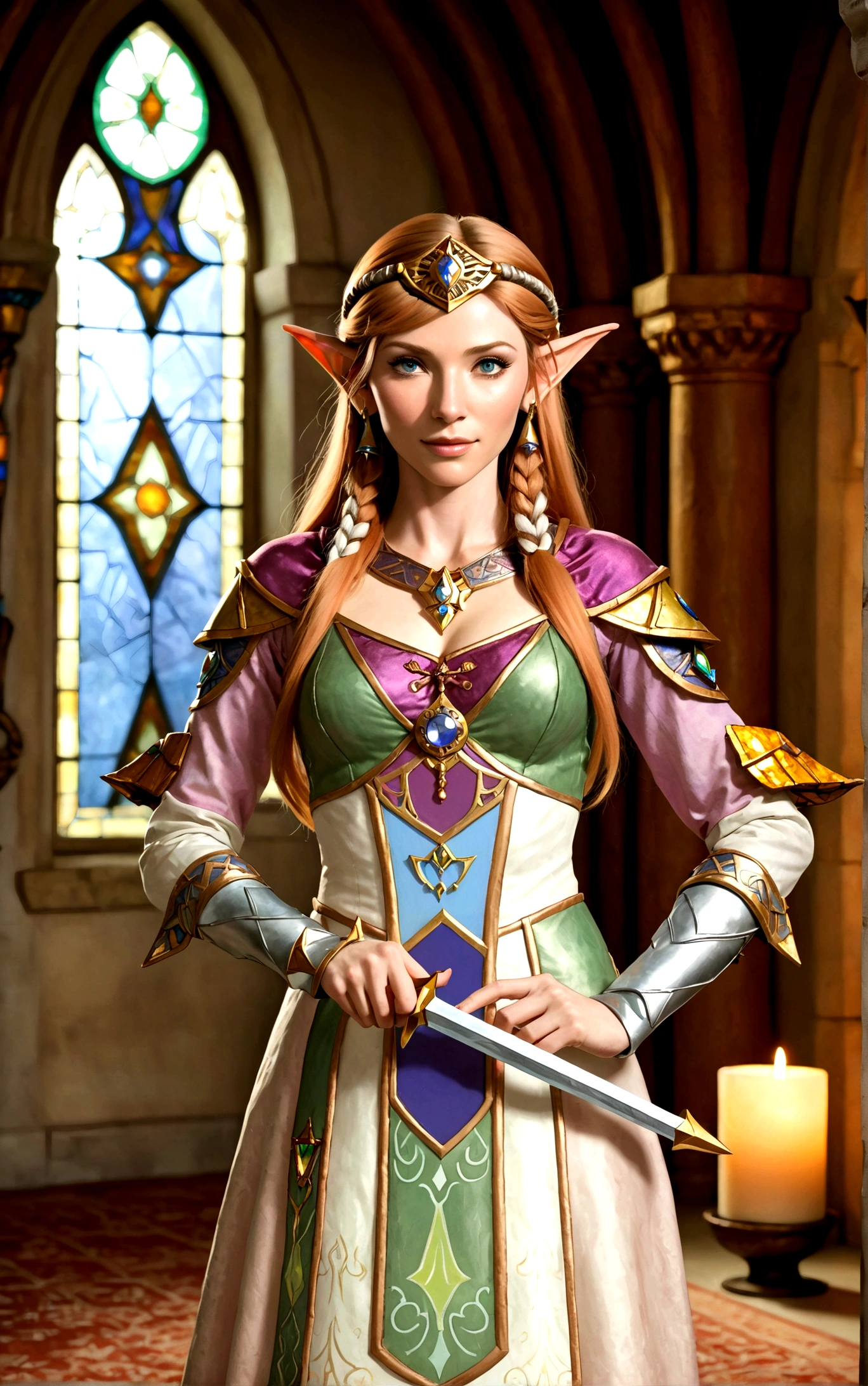 Cate Blanchett (age 25, elf ears, Twilight princess Zelda costume), heroic pose, lavish room with stained glass