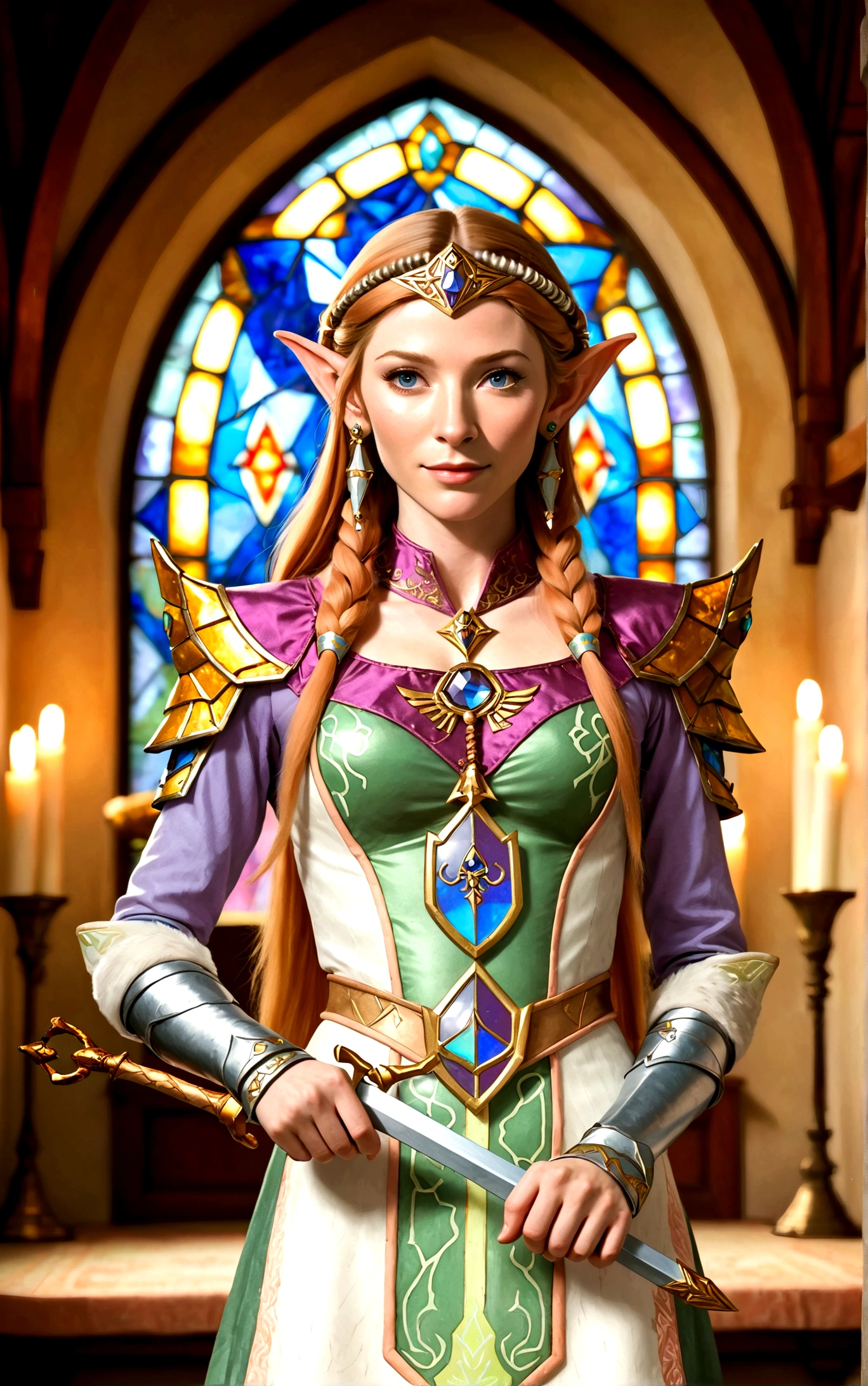 Cate Blanchett (age 25, elf ears, Twilight princess Zelda costume), heroic pose, lavish room with stained glass
