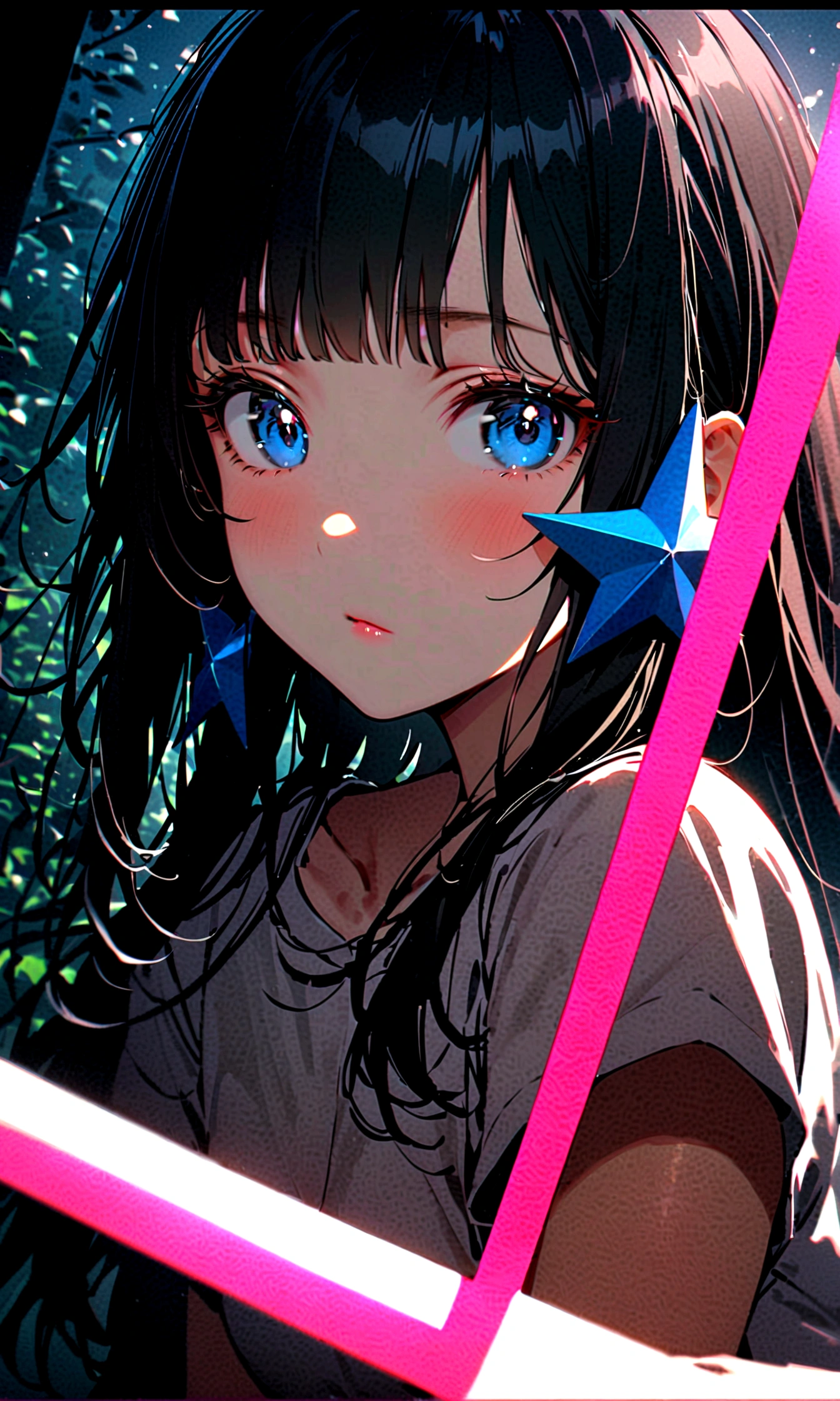 there is a woman with long hair and a white shirt, Ulzan, Cute and natural anime face, Girl Cute - Delicate Face, Anime girls in real life, Chiho, She has black hair，With bangs, black hime cut hair, WAN cute Korean face, With a cute and delicate face, Young cute pale Asian face, There is a midday moon and a midday star in the sky of Sakimichan, 女性 is at messy downtown, rest ,quality\(8K,Extremely detailed CG unit wallpaper, masterpiece,high resolution,top-quality,top-quality real texture skin,Surrealism,提high resolution,original photo,Best quality,Very detailed,wallpaper,light,Ray Tracing,Golden Ratio\),(Long Shot),Wide-angle lens,