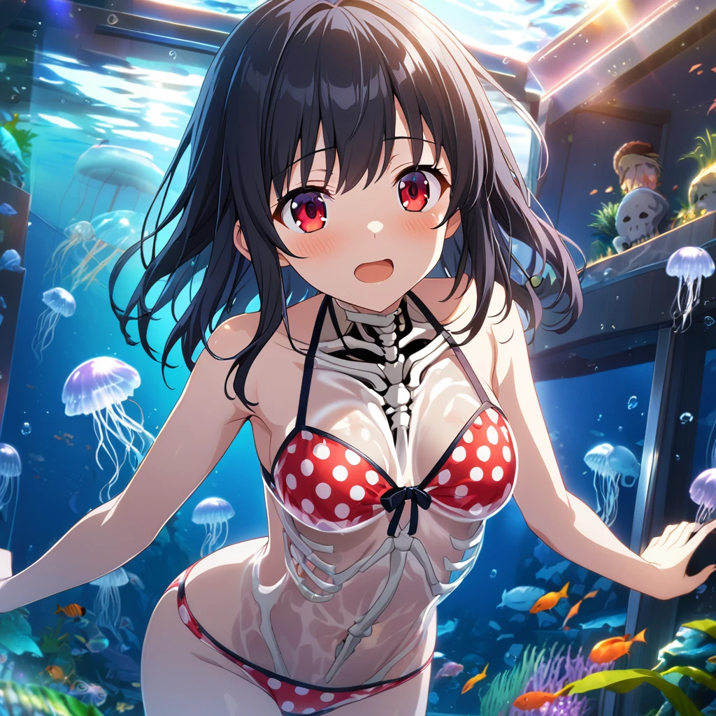 1girl、Black Hair、Red eyes、Skeleton Body、Red polka dot bikini swimsuit、Translucent Leotards、Blue jellyfish、aquarium、deep faint light 、 detailed CG、high resolution