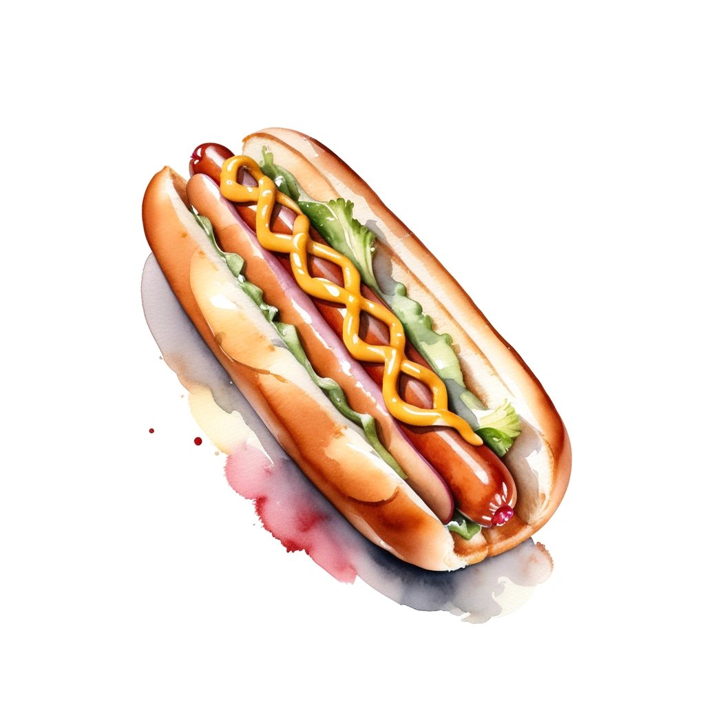 there is a huge extremely delicious fresh hot dog, (watercolor), illustration, isolated with solid white background, surrounded with negative space, centered compositon, 8k, highly detailed painting, very precise painting, Isolated, clear brilliant white background