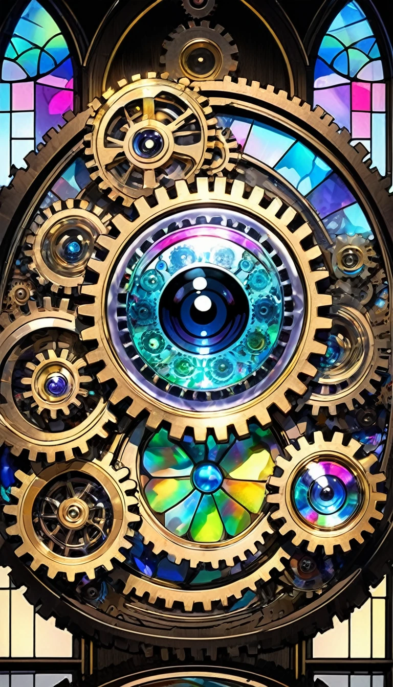conceptual installation pop art, best quality, super fine, 16k, 2.5D, delicate and dynamic depiction, transparent, translucent iridescent stained glass, prism effects, driven by gears and wheels, eye-catching effects, beautiful and clear work, just like the photo