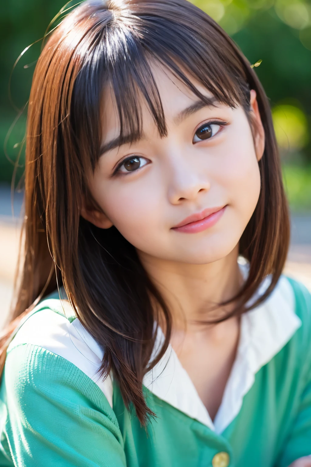 (Best-quality, Masterpiece, Ultra-High-Resolution, (Photorealistic:1.4), Raw Photo, depth of field, professional lighting, perfect anatomy, extremely details), 1girl, (((12-years-old))), the most famous Japanese-idol, cowboy-shot, looking at viewer, ((innocent smile)), (extremely cute and extremely childish and extremely realistic face, ((extremely cute and extremely big and extremely realistic solid-circle-eyes)), extremely beautiful and extremely realistic hair, ((extremely beautiful and extremely realistic skins)), extremely cute and extremely realistic long-eyelashes, extremely cute and extremely realistic lips)