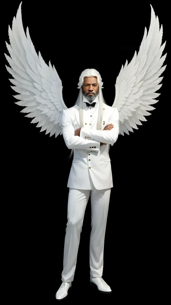 A very strong black gentleman, de corpo inteiro, with a set of angelic white clothes, with long white hair, with white beard and with white wings.
