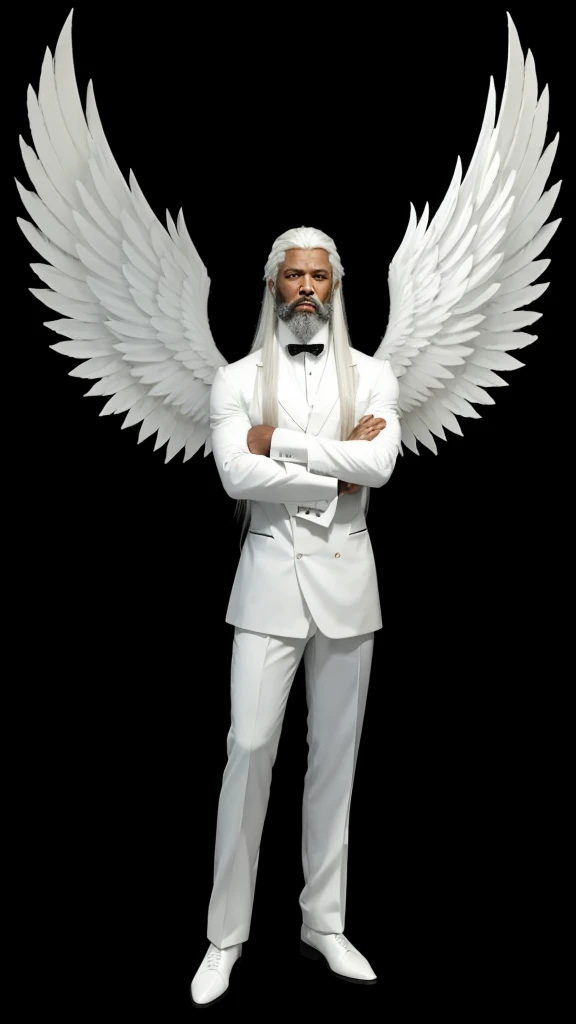 A very strong black gentleman, de corpo inteiro, with a set of angelic white clothes, with long white hair, with white beard and with white wings.