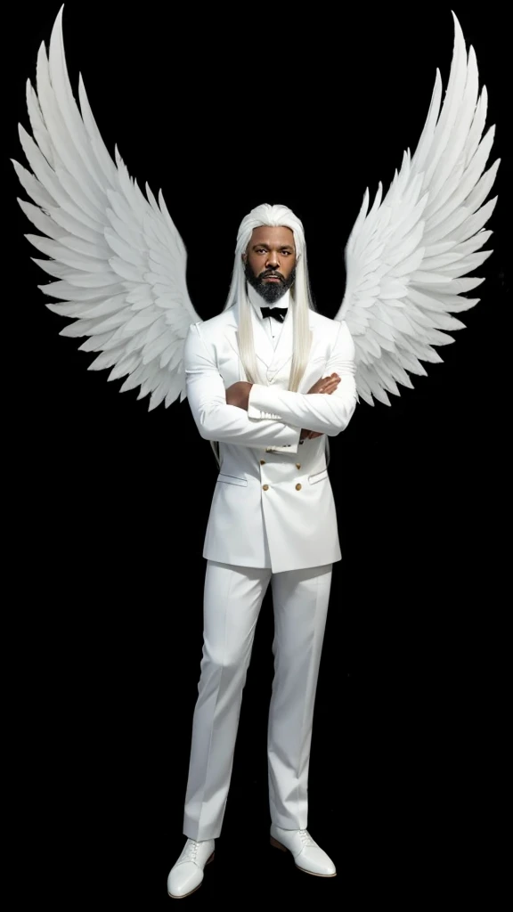 A very strong black gentleman, de corpo inteiro, with a set of angelic white clothes, with long white hair, with white beard and with white wings.