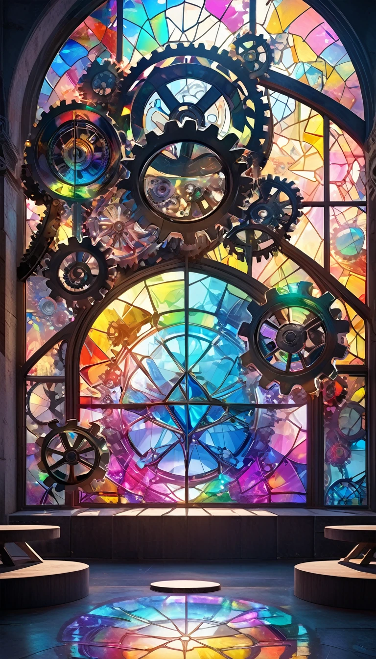 conceptual installation pop art, best quality, super fine, 16k, 2.5D, delicate and dynamic depiction, transparent, translucent iridescent stained glass, prism effects, driven by gears and wheels, eye-catching effects, beautiful and clear work, just like the photo