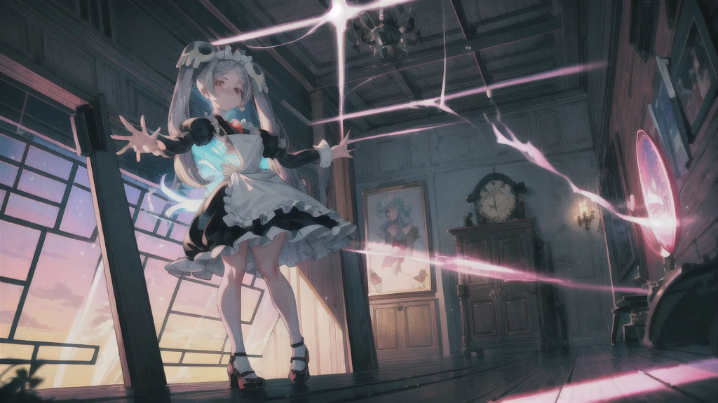 1girl, solo, indoors, looking at viewer, skg_marie, maid, maid apron, maid headdress, twin tails, skull hair ornament, red brooch, juliet sleeves, light rays, glow, (masterpiece), wallpaper, highlight thighs, thick thighs, full body, cool pose