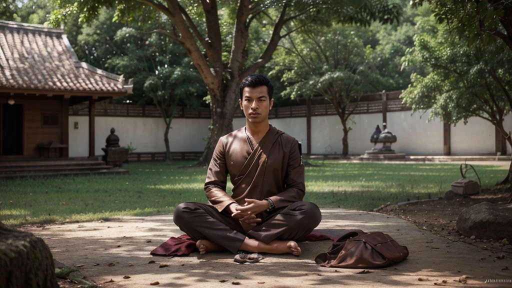 Arav image of a monk sitting on a bench with two children., Buddhism, Buddhist, Monk meditating, Buddhist monk meditating, on the path to Enlightenment, on path to Enlightenment, By John La Gatta, Buddhist monk, Hindu meditation steps, the Buddha, transmigration, spiritual Enlightenment, Monk clothing, In the temple, Enlightenment, Buddha


