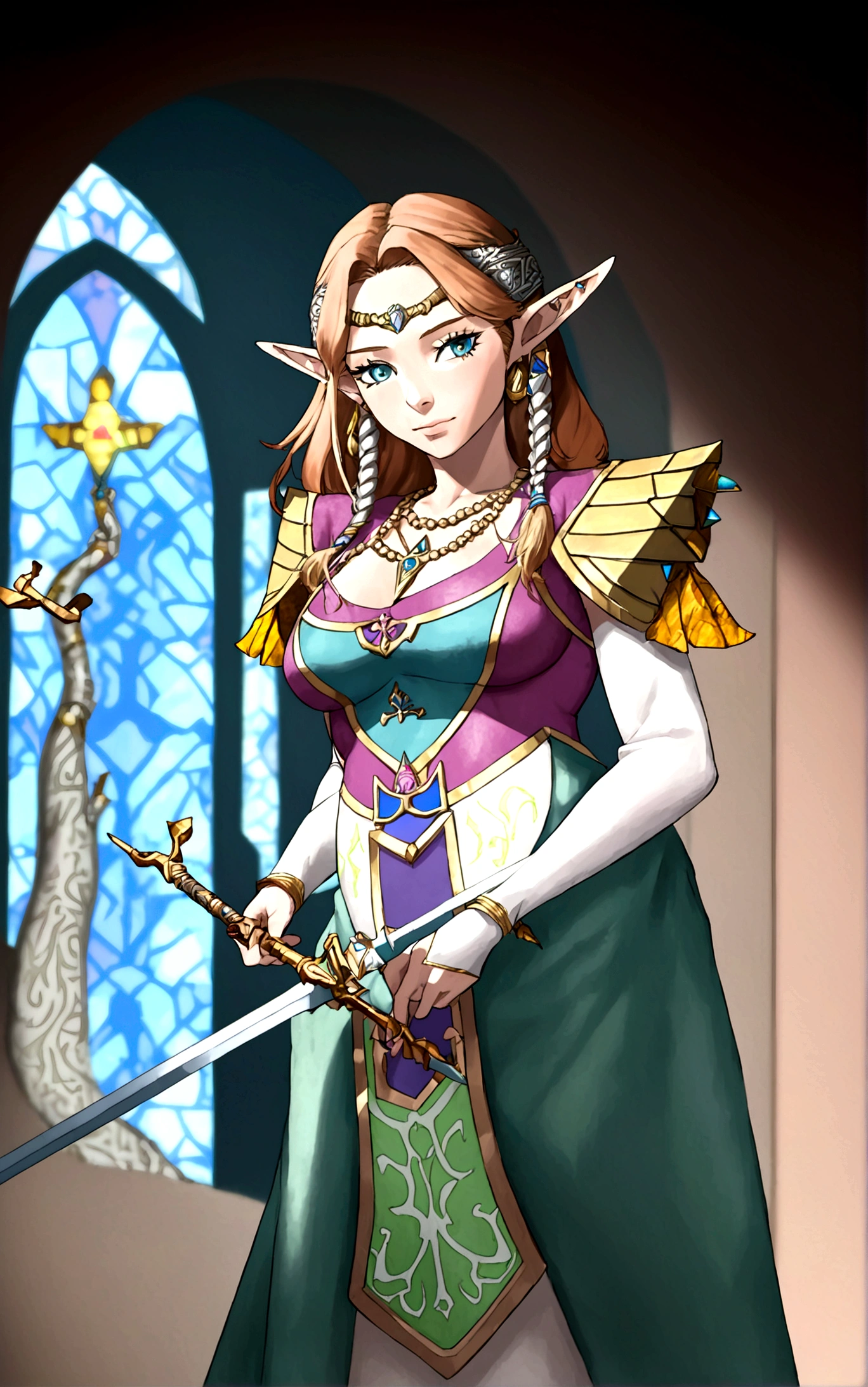 Cate Blanchett (age 25, elf ears, Twilight princess Zelda costume), heroic pose, lavish room with stained glass
