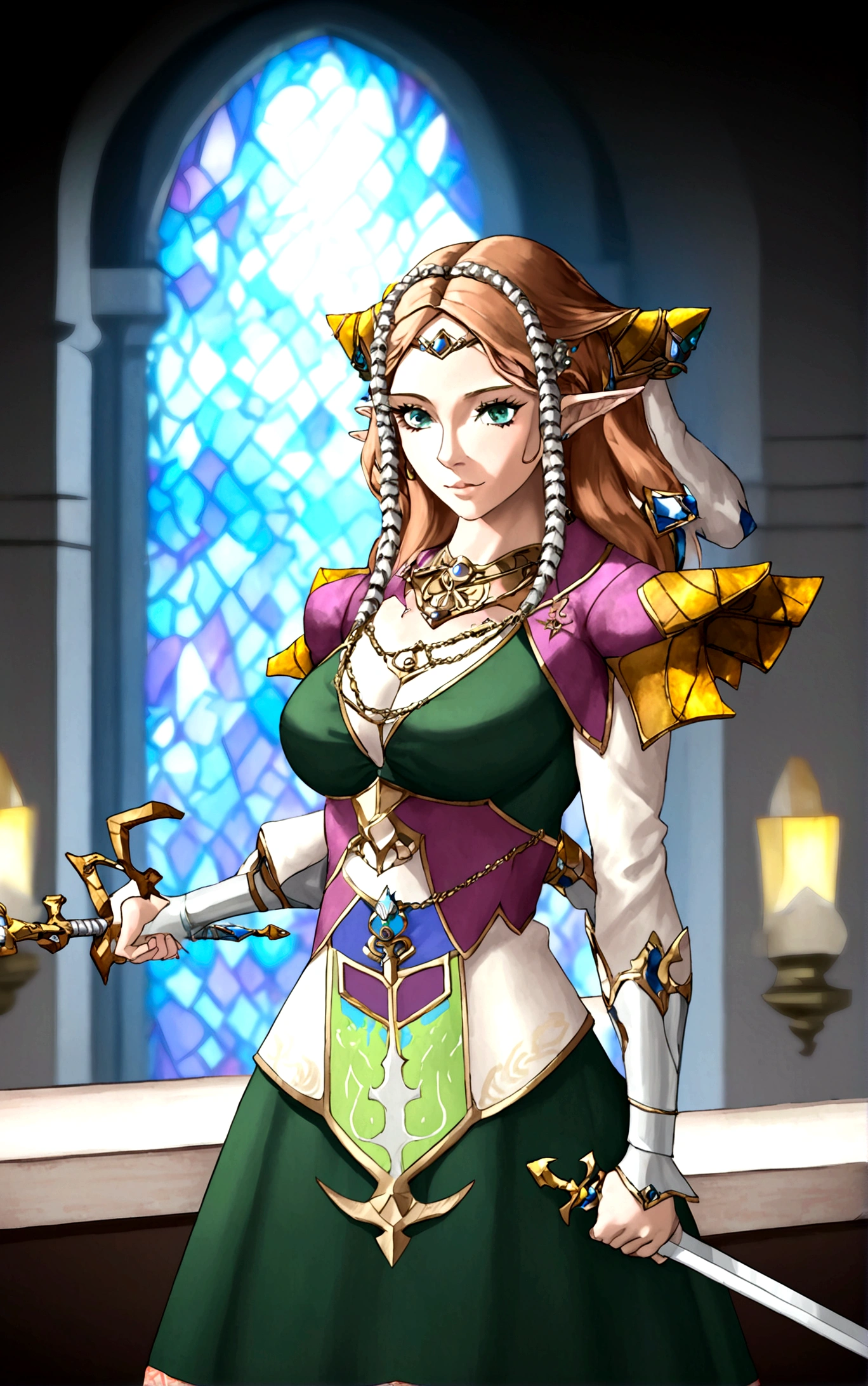 Cate Blanchett (age 25, elf ears, Twilight princess Zelda costume), heroic pose, lavish room with stained glass
