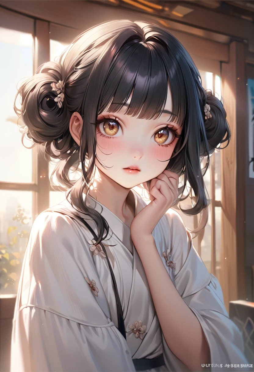 1girl, long white shirt, detailed beautiful face, cute anime style girl, detailed delicate cute asian face, realistic anime girl, Urzan, Chihiro, black hair with bangs, Kuronuma Sawako hairstyle, pale cute korean face, detailed youthful cute pale asian face, Sakimichan