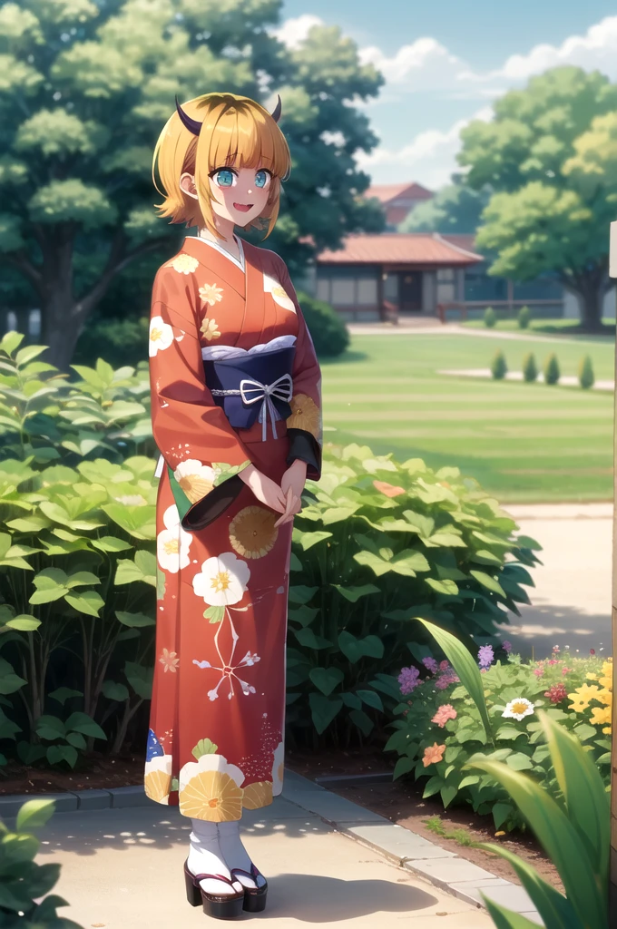 Highest quality, masterpiece, detailed, memcho, Open your mouth, A slight blush, :3, smile, short hair, Blonde, Multicolored Hair, Aqua Eye, Blunt bangs, horn,
furisode
.Are standing, Looking at the audience, (Day:1.2), garden, Outdoor