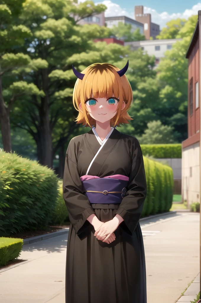 Highest quality, masterpiece, detailed, memcho, Open your mouth, A slight blush, :3, smile, short hair, Blonde, Multicolored Hair, Aqua Eye, Blunt bangs, horn, 
 
		furisode
.Are standing, Looking at the audience, (Day:1.2), garden, Outdoor
